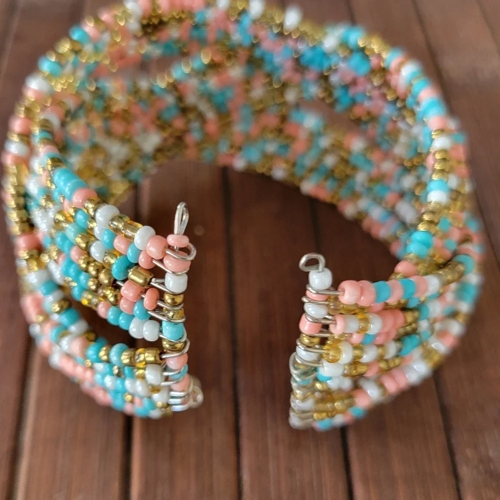 Large Blue and Pink Beaded Hoop Earrings Bracelet Cuff Set.